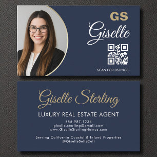 Luxury Real Estate Agent Navy Blue Gold QR Code  Business Card