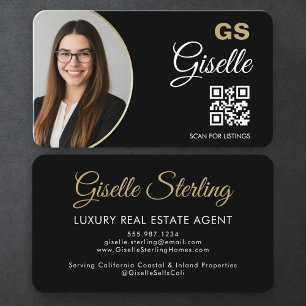 Luxury Real Estate Agent QR Code Black Gold Photo  Business Card