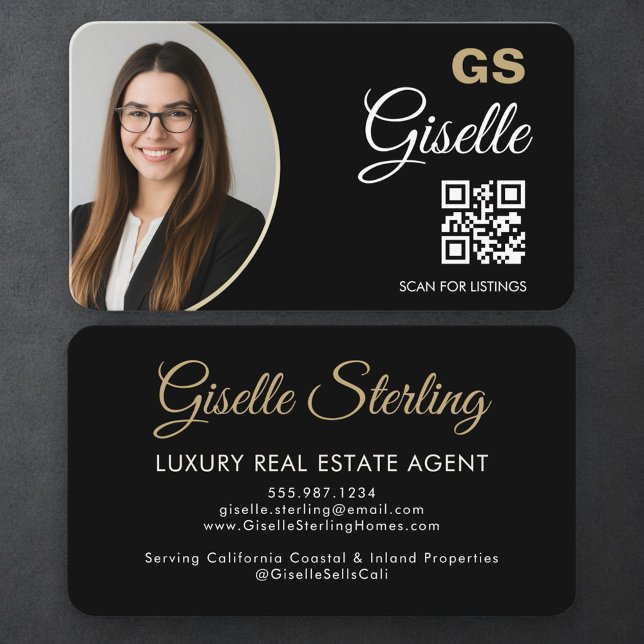 Luxury Real Estate Agent QR Code Black Gold Photo  Business Card (Creator Uploaded)