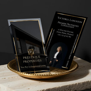 Luxury Real Estate Black Gold Photo Monogram Business Card
