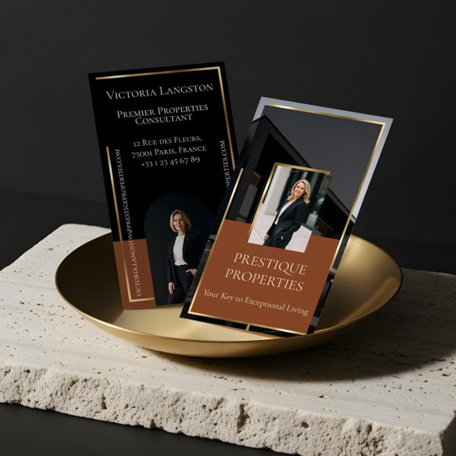 Luxury Real Estate Black Gold Photo Monogram Business Card (Luxury Real Estate Black Gold Photo Monogram Terracotta Business Card)