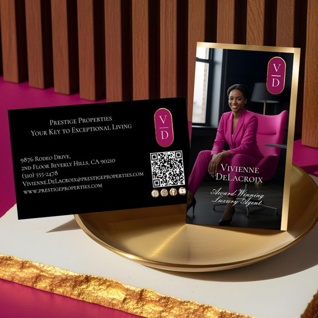 Luxury Real Estate Black Gold Pink Photo Monogram Business Card (Luxury Real Estate Black Gold Pink Photo Monogram Business Card)
