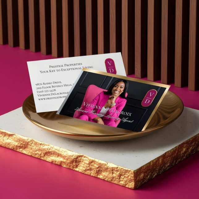 Luxury Real Estate Black Gold Pink Photo Monogram Business Card (Luxury Real Estate Black Gold Pink Photo Monogram Business Card)