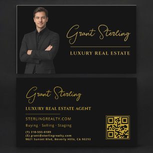 Luxury Real Estate Black Gold QR Code Script  Business Card