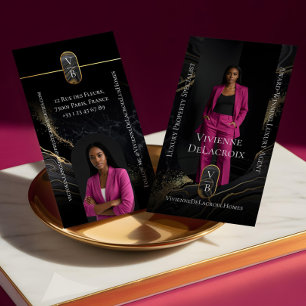 Luxury Real Estate Elegant Black Gold Marble Photo Business Card