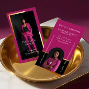 Luxury Real Estate Elegant Black Gold & Pink Photo Business Card