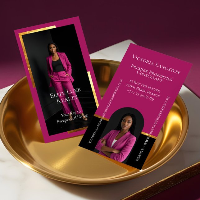 Luxury Real Estate Elegant Black Gold & Pink Photo Business Card (Luxury Real Estate Elegant Black Gold & Pink Photo Business Card)