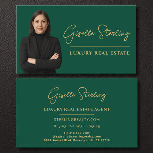 Luxury Real Estate Emerald Green Gold Script  Business Card