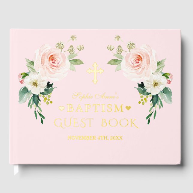 Luxury Real Foil Pink Blush Flowers Girl Baptism Guest Book (Front)