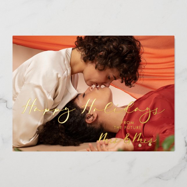 Luxury Real Golden Future Mrs & Mrs Christmas Foil Holiday Card (Front)