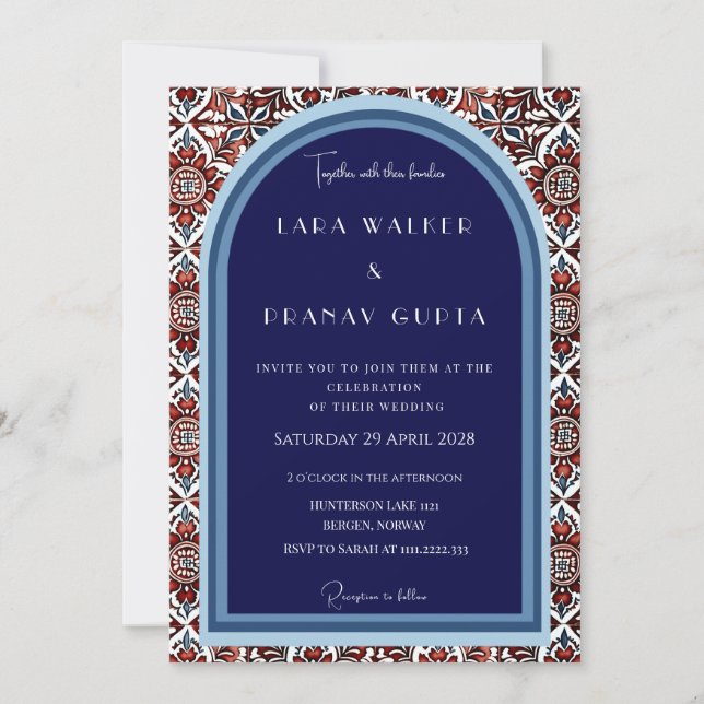 Luxury Red And Blue Tile Invitation (Front)