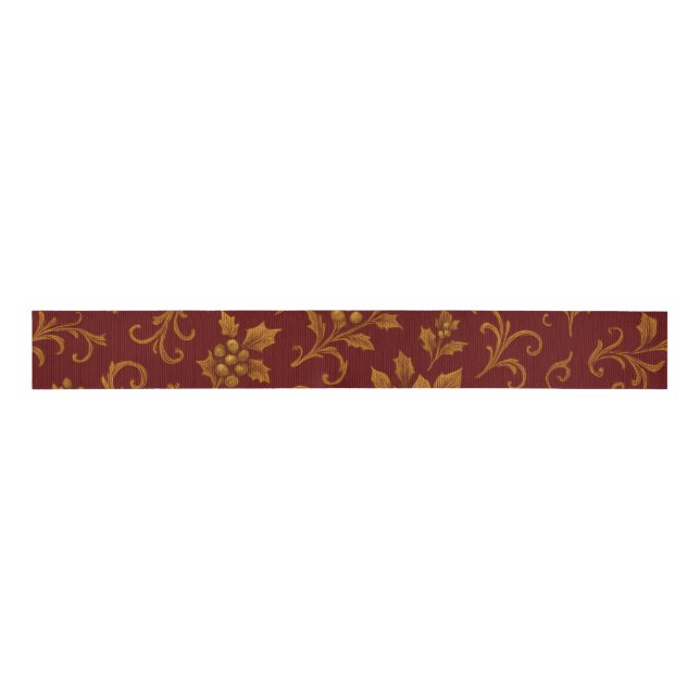 Luxury Red and Gold Botanical Christmas Grosgrain Ribbon (Front)