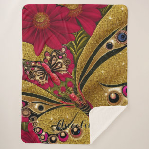Luxury Red and Gold Butterfly Custom Name Sherpa Blanket
