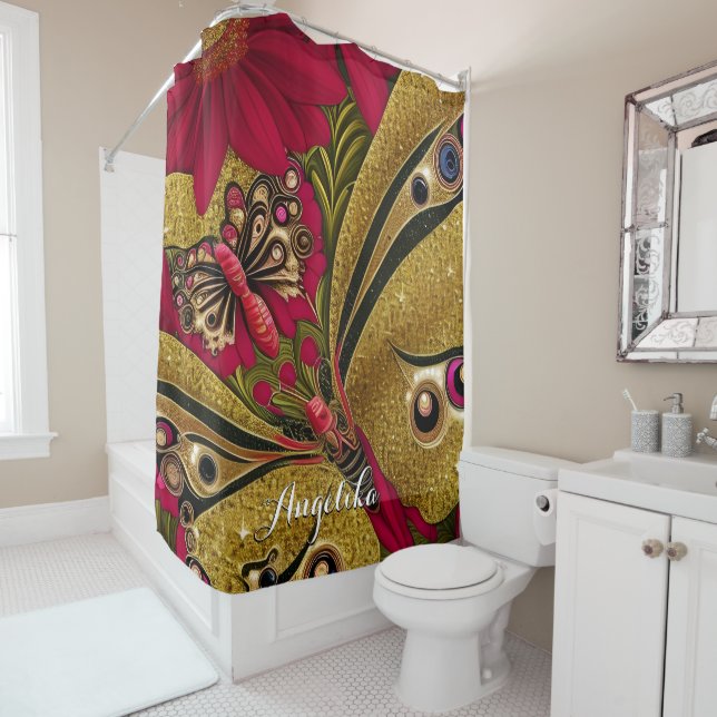 Luxury Red and Gold Butterfly Custom Name Shower Curtain (In Situ)