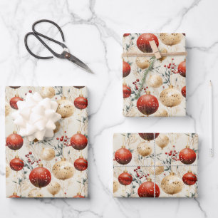 Luxury red and gold Christmas baubles and stars Wrapping Paper Sheet