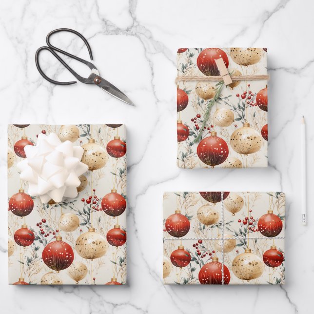 Luxury red and gold Christmas baubles and stars Wrapping Paper Sheet (Front)