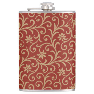 Luxury Red and Gold Damask Floral Scroll Hip Flask