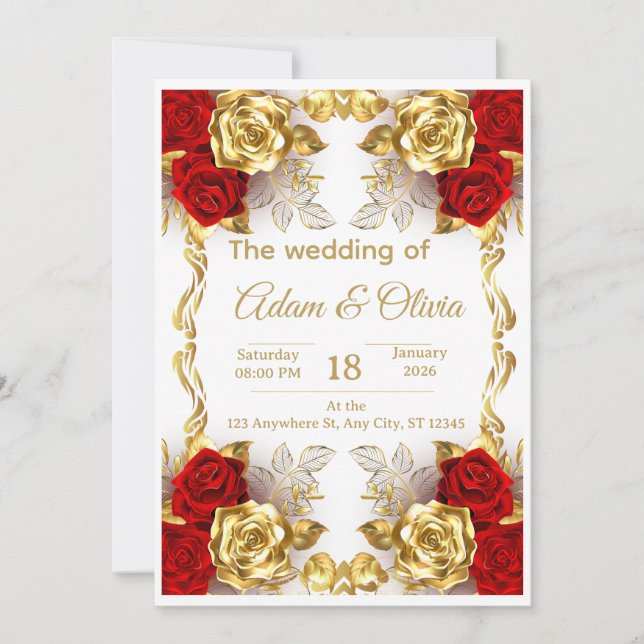 Luxury Red and Gold Floral Wedding Invitation (Front)