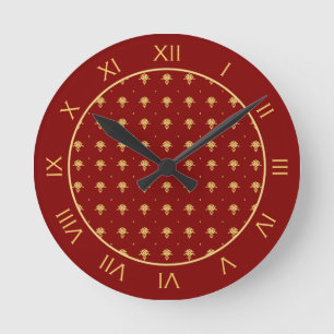 Luxury Red and Gold Vintage Damask Pattern Round Clock