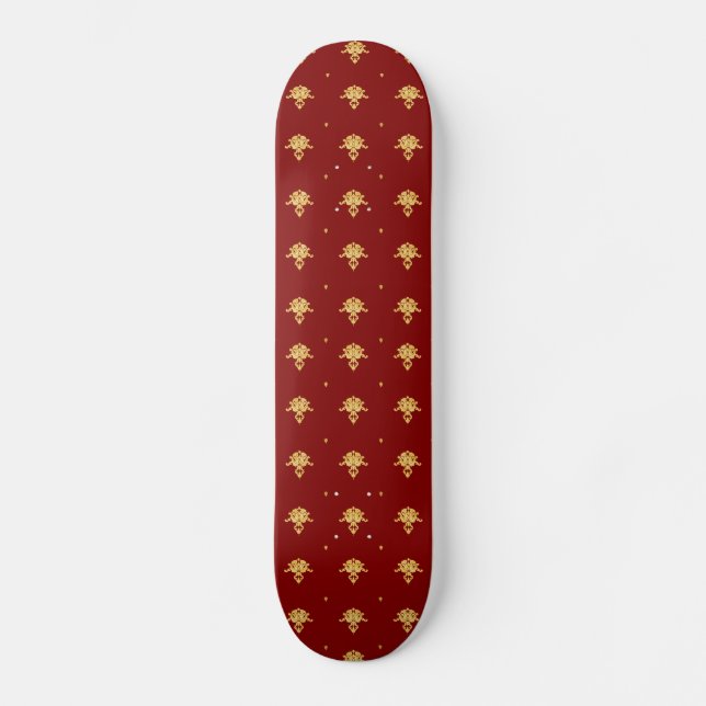 Luxury Red and Gold Vintage Damask Pattern Skateboard (Front)