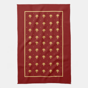 Luxury Red and Gold Vintage Damask Pattern Tea Towel