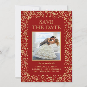 Luxury Red & Antique-Gold Photo Save The Date
