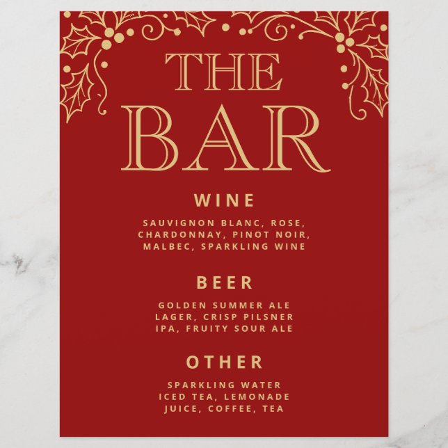 Luxury Red & Antique Gold Wedding Bar Menu Sign (Front)