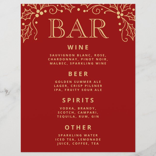 Luxury Red Antique Gold Wedding Bar Menu Tabletop (Front)