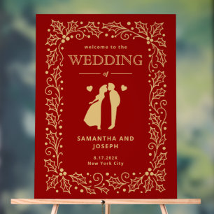 Luxury Red & Antique-Gold Wedding Welcome Acrylic Sign