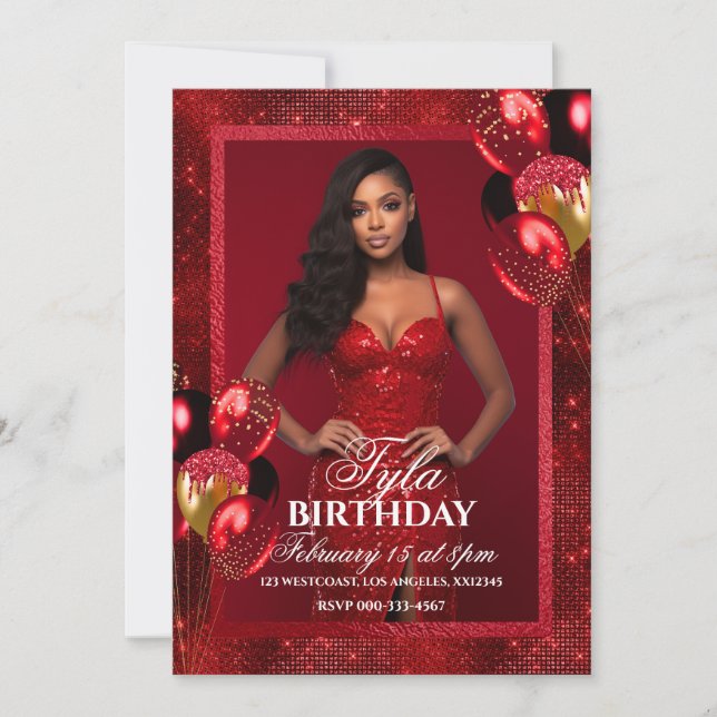Luxury Red Balloons Photo Invitation (Front)