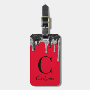 Luxury Red Black Silver Glitter Drips Monogram Luggage Tag