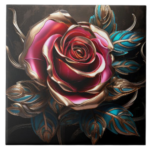 Luxury Red Blue Gold Rose 3D Effect Decor Print Tile