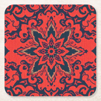 Luxury Red Blue Ornate Persian Medallion Pattern Square Paper Coaster
