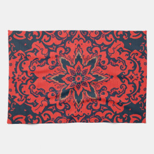 Luxury Red Blue Ornate Persian Medallion Pattern Tea Towel