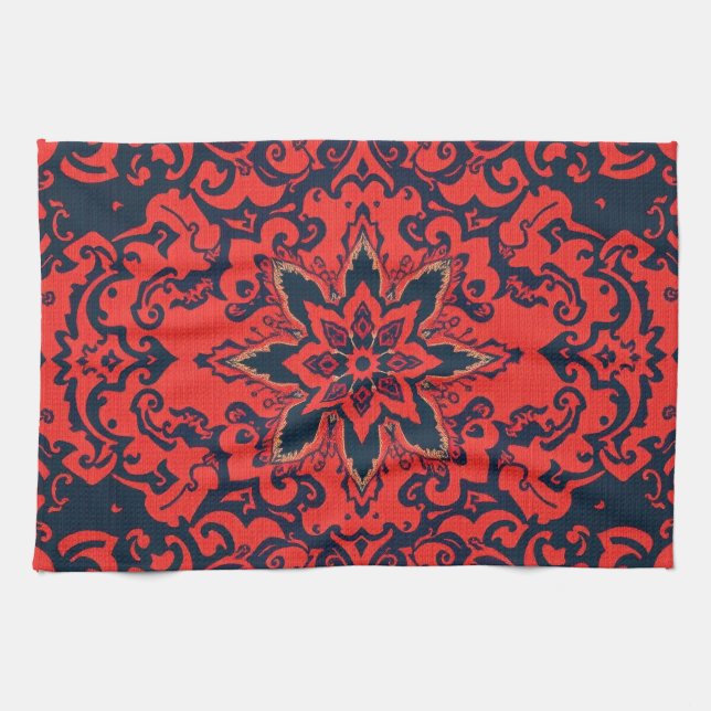 Luxury Red Blue Ornate Persian Medallion Pattern Tea Towel (Horizontal)