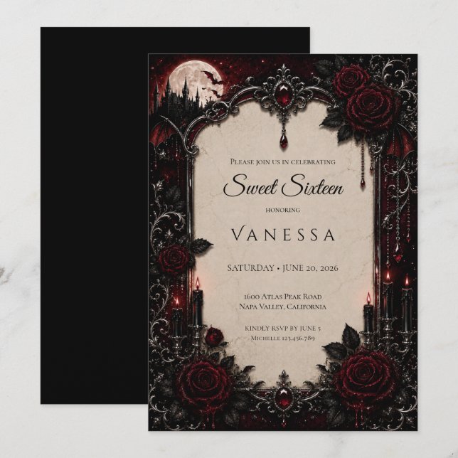 Luxury Red Dark Gothic Sweet 16 Invitation (Front/Back)