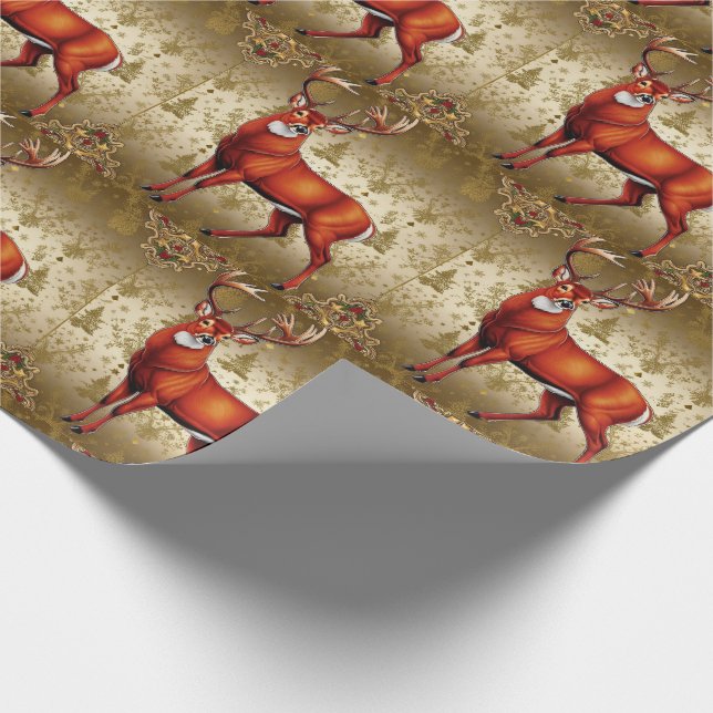 Luxury Red Deer Moose Gold Snow merry Xmas Pattern Wrapping Paper (Corner)