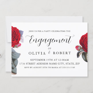Luxury red garden Rose. Elegant Engagement Part Invitation