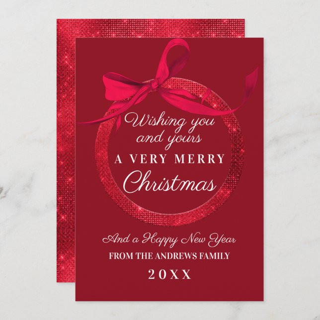 Luxury Red Glitter Bow Ornament Christmas Holiday Card (Front/Back)