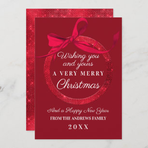 Luxury Red Glitter Bow Ornament Christmas Holiday Card