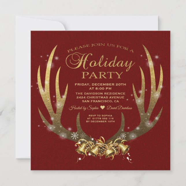 Luxury Red Gold Foil Antlers Holiday Party  Invitation (Front)