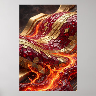 Luxury Red Gold Mosaic Wave Wall Art Poster