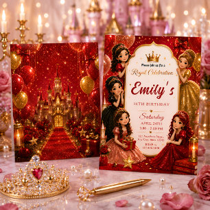 Luxury Red & Gold Princess Birthday Invitation