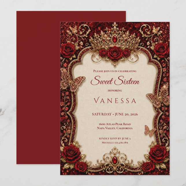 Luxury Red & Gold Princess Sweet 16 Invitation (Front/Back)
