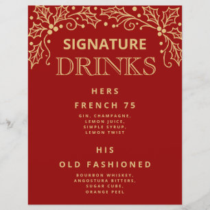 Luxury Red Gold Signature Drinks Wedding Bar Sign