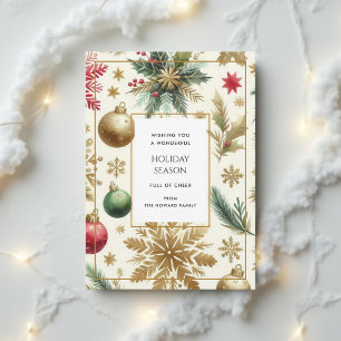 Luxury Red Green Gold Snowflake Holiday Card