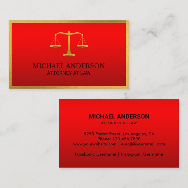 Luxury Red Lawyer Scales of Justice Gold effect  Business Card (Front/Back)