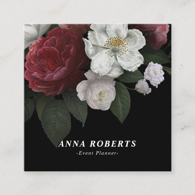 Luxury Red Pink White on Black Floral Square Business Card (Front)