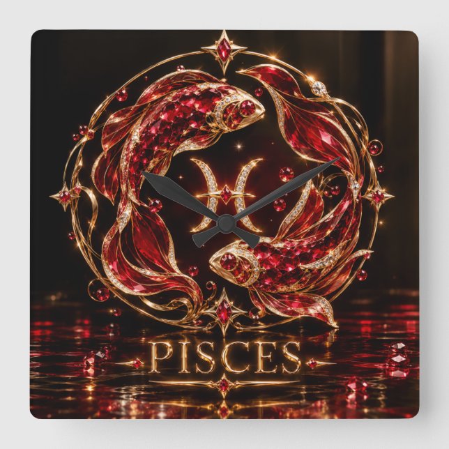 Luxury Red Pisces Zodiac Square Wall Clock (Front)
