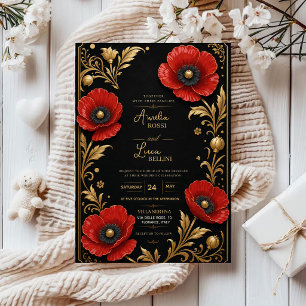Luxury Red Poppy Black and Gold Floral Elegant Acrylic Invitations